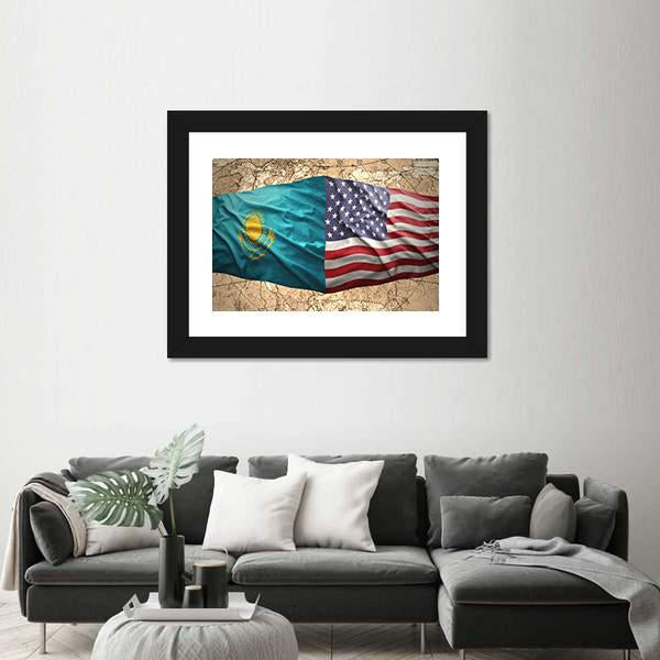 Waving Kazakh And American Flags Canvas Wall Art-3 Horizontal-Gallery Wrap-25" x 16"-Tiaracle