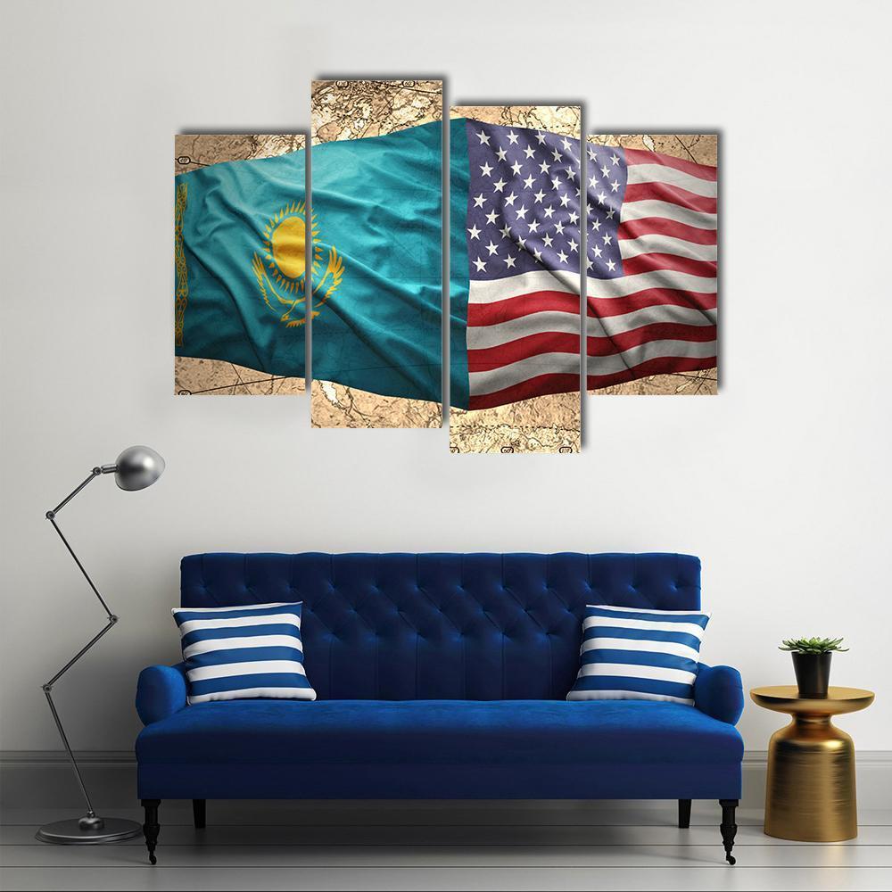 Waving Kazakh And American Flags Canvas Wall Art-4 Pop-Gallery Wrap-50" x 32"-Tiaracle