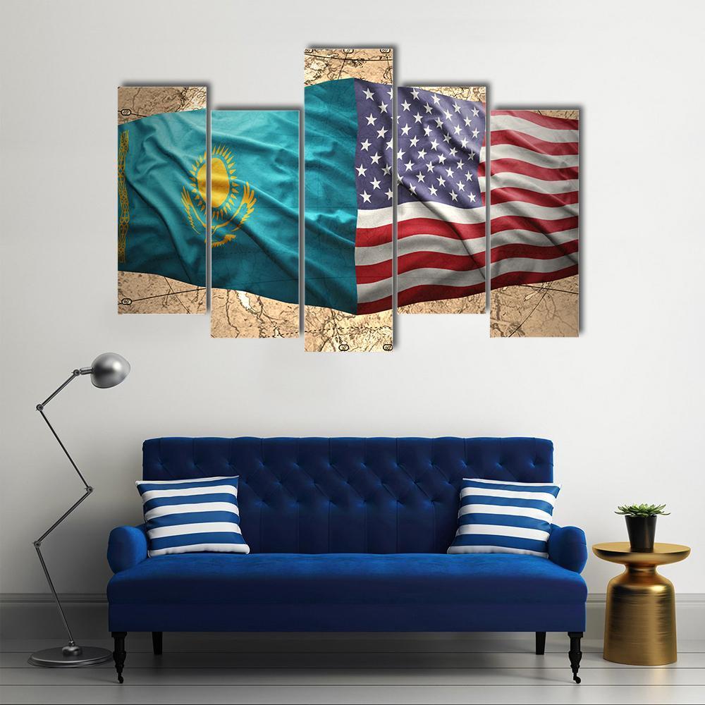 Waving Kazakh And American Flags Canvas Wall Art-5 Pop-Gallery Wrap-47" x 32"-Tiaracle