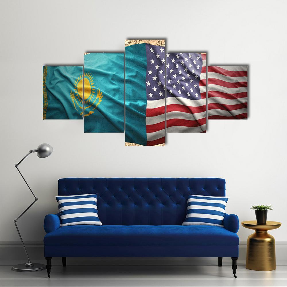 Waving Kazakh And American Flags Canvas Wall Art-5 Star-Gallery Wrap-62" x 32"-Tiaracle