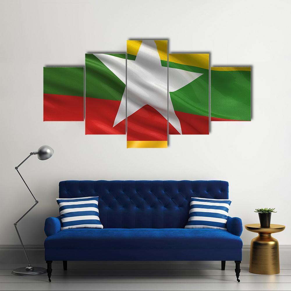 Waving Myanmar Flag Canvas Wall Art-5 Star-Gallery Wrap-62" x 32"-Tiaracle