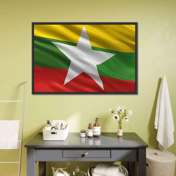 Waving Myanmar Flag Canvas Wall Art-1 Piece-Floating Frame-24" x 16"-Tiaracle