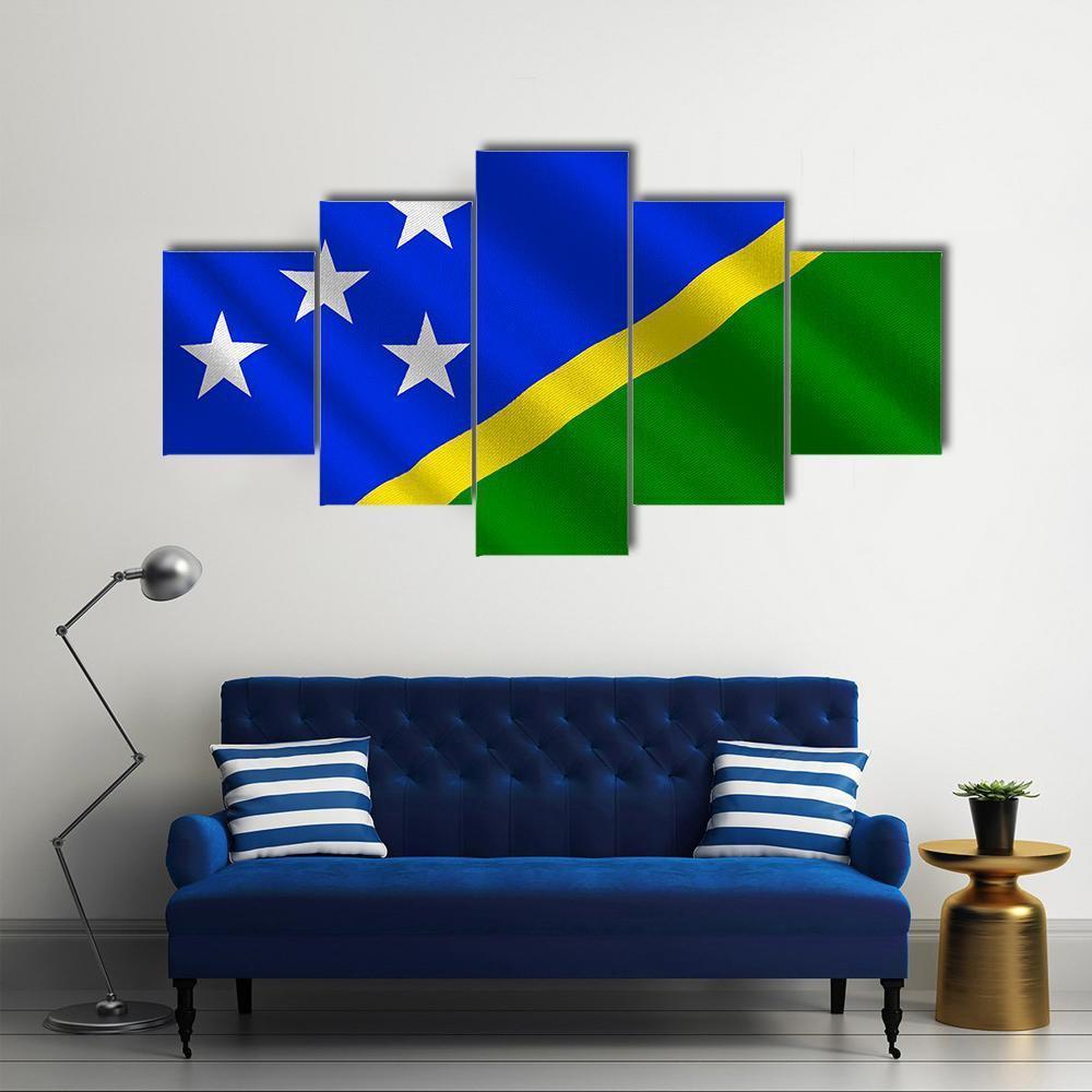Waving Solomon Islands Flag Canvas Wall Art-5 Star-Gallery Wrap-62" x 32"-Tiaracle