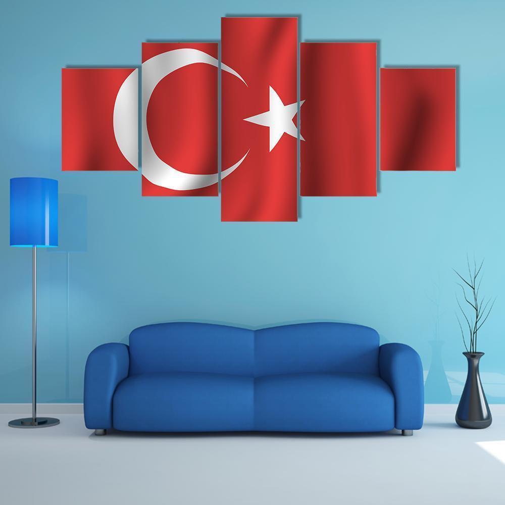 Waving Turkish Flag Canvas Wall Art-5 Star-Gallery Wrap-62" x 32"-Tiaracle