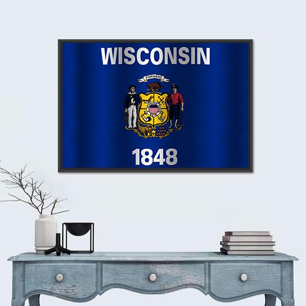 Waving Wisconsin State Flag Canvas Wall Art-1 Piece-Floating Frame-24" x 16"-Tiaracle