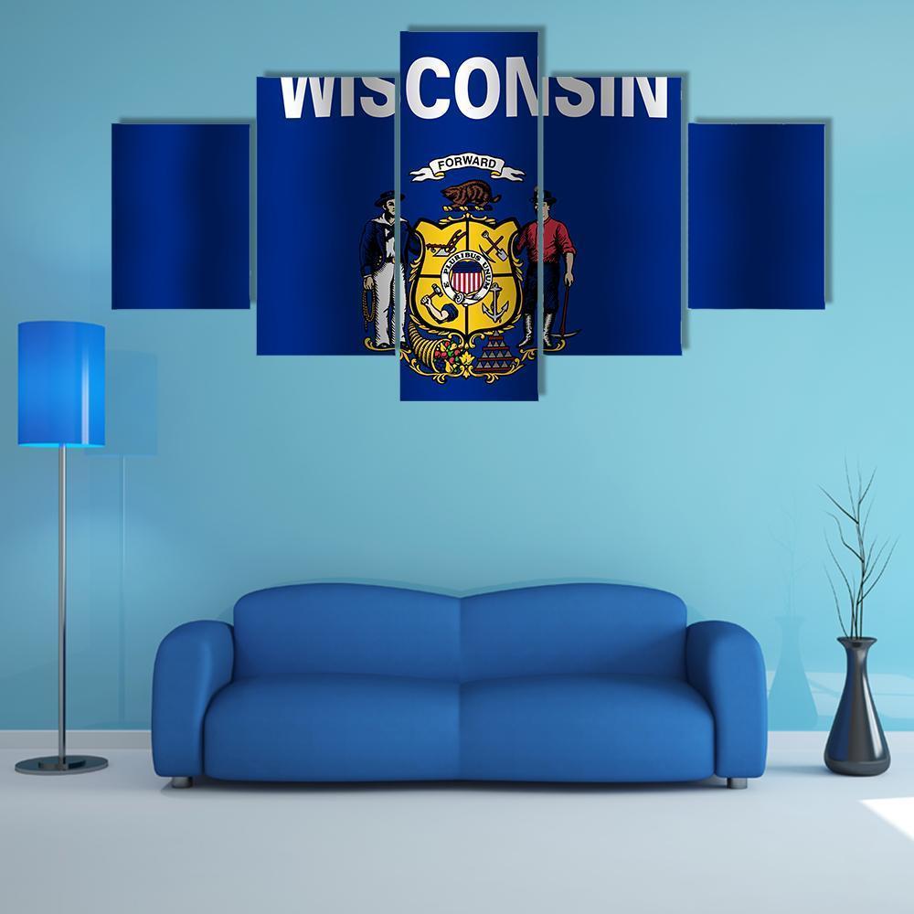 Waving Wisconsin State Flag Canvas Wall Art-5 Star-Gallery Wrap-62" x 32"-Tiaracle