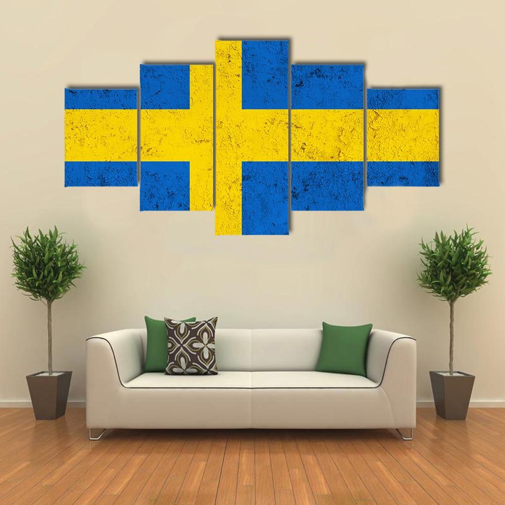 Weathered Swedish Flag Canvas Wall Art-5 Star-Gallery Wrap-62" x 32"-Tiaracle