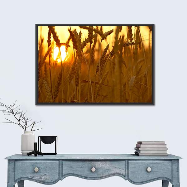 Wheat Crops In Sunset Closeup Canvas Wall Art-1 Piece-Floating Frame-24" x 16"-Tiaracle