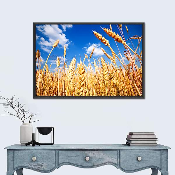 Wheat Field And Blue sky With Clouds Canvas Wall Art-1 Piece-Floating Frame-24" x 16"-Tiaracle