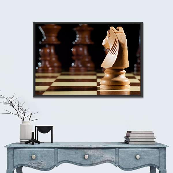 White Knight Chess On Chessboard For Game Canvas Wall Art-1 Piece-Floating Frame-24" x 16"-Tiaracle