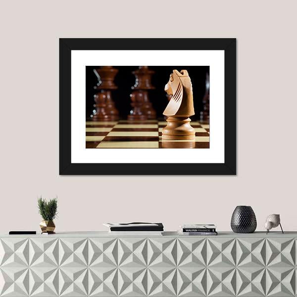 White Knight Chess On Chessboard For Game Canvas Wall Art-1 Piece-Framed Print-20" x 16"-Tiaracle