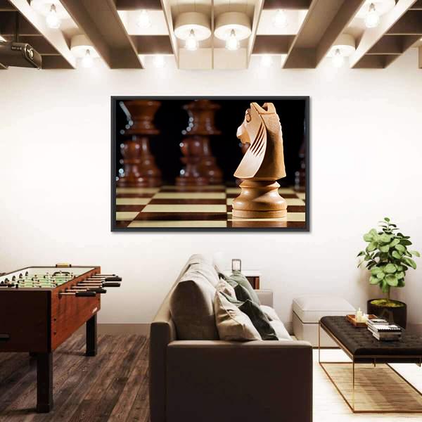 White Knight Chess On Chessboard For Game Canvas Wall Art-3 Horizontal-Gallery Wrap-25" x 16"-Tiaracle