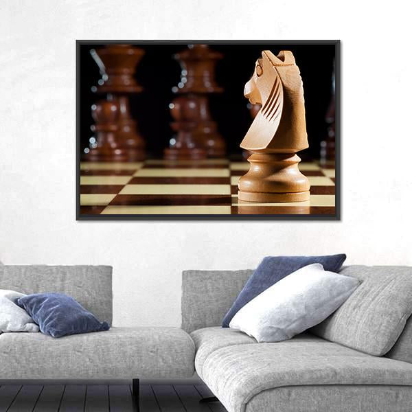 White Knight Chess On Chessboard For Game Canvas Wall Art-3 Horizontal-Gallery Wrap-25" x 16"-Tiaracle