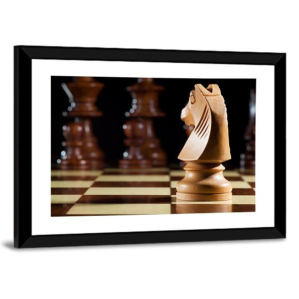 White Knight Chess On Chessboard For Game Canvas Wall Art-3 Horizontal-Gallery Wrap-25" x 16"-Tiaracle