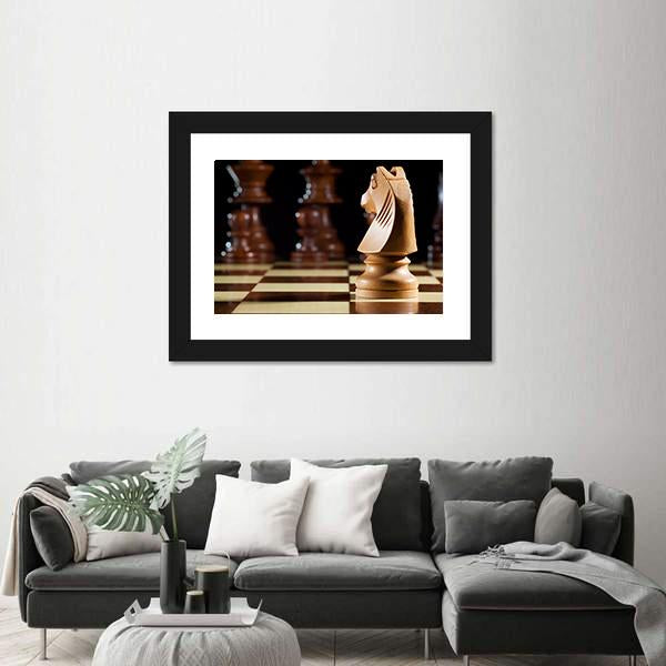 White Knight Chess On Chessboard For Game Canvas Wall Art-3 Horizontal-Gallery Wrap-25" x 16"-Tiaracle