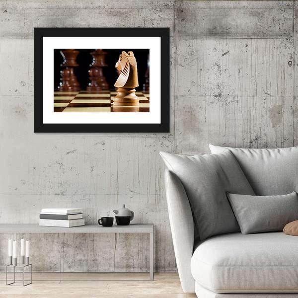 White Knight Chess On Chessboard For Game Canvas Wall Art-3 Horizontal-Gallery Wrap-25" x 16"-Tiaracle