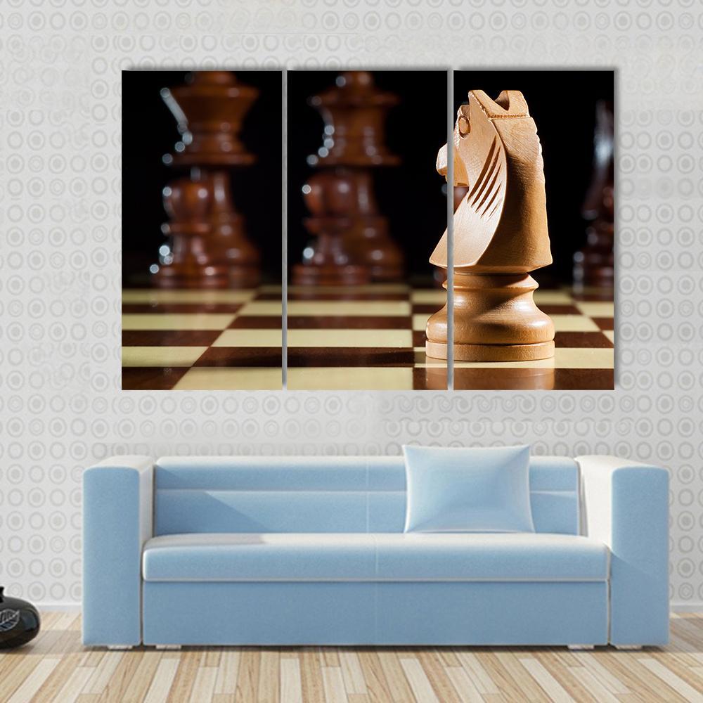 White Knight Chess On Chessboard For Game Canvas Wall Art-3 Horizontal-Gallery Wrap-37" x 24"-Tiaracle