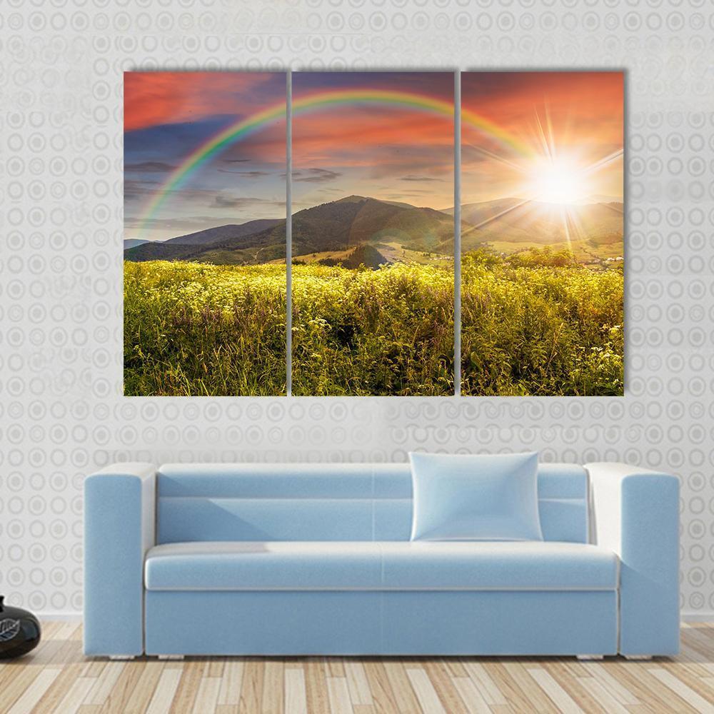 Meadow In Mountains With Rainbow Canvas Wall Art-3 Horizontal-Gallery Wrap-37" x 24"-Tiaracle