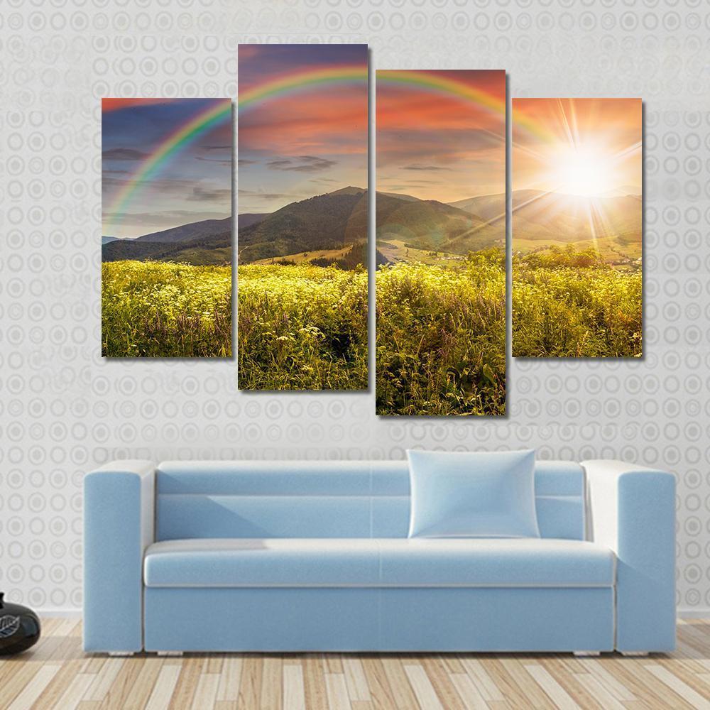 Meadow In Mountains With Rainbow Canvas Wall Art-4 Pop-Gallery Wrap-50" x 32"-Tiaracle