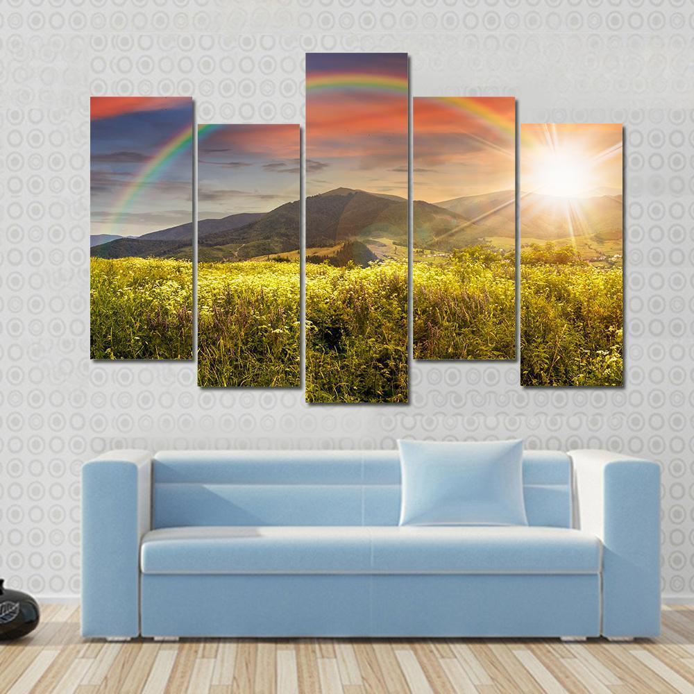 Meadow In Mountains With Rainbow Canvas Wall Art-5 Pop-Gallery Wrap-47" x 32"-Tiaracle