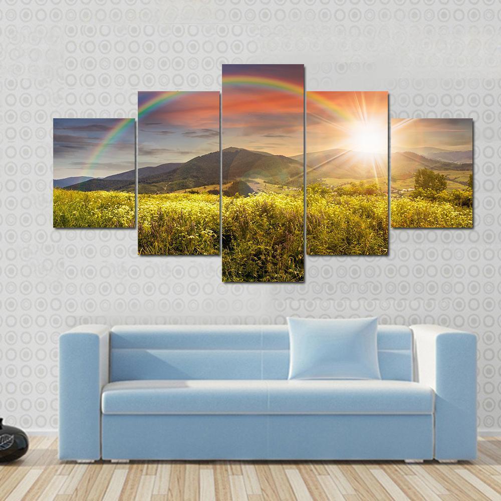 Meadow In Mountains With Rainbow Canvas Wall Art-5 Star-Gallery Wrap-62" x 32"-Tiaracle