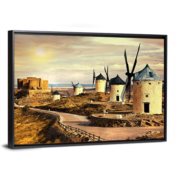 Windmills Of Spain On Sunset Canvas Wall Art-3 Horizontal-Gallery Wrap-25" x 16"-Tiaracle