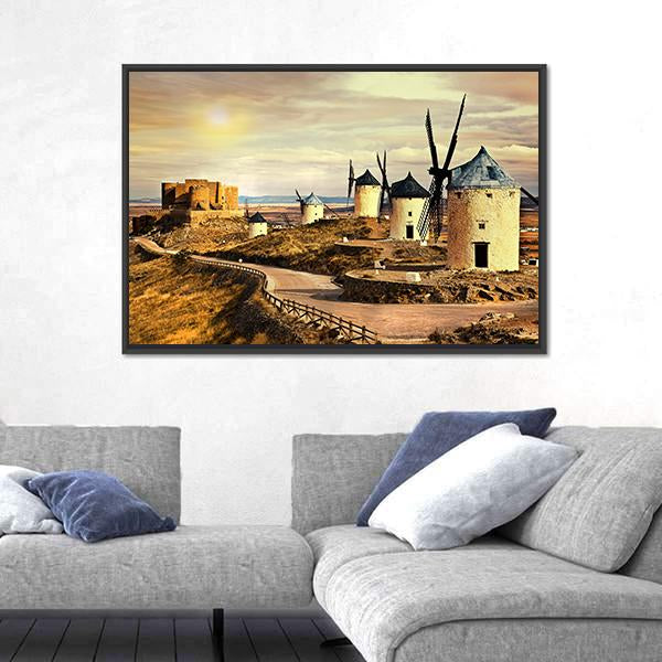 Windmills Of Spain On Sunset Canvas Wall Art-3 Horizontal-Gallery Wrap-25" x 16"-Tiaracle