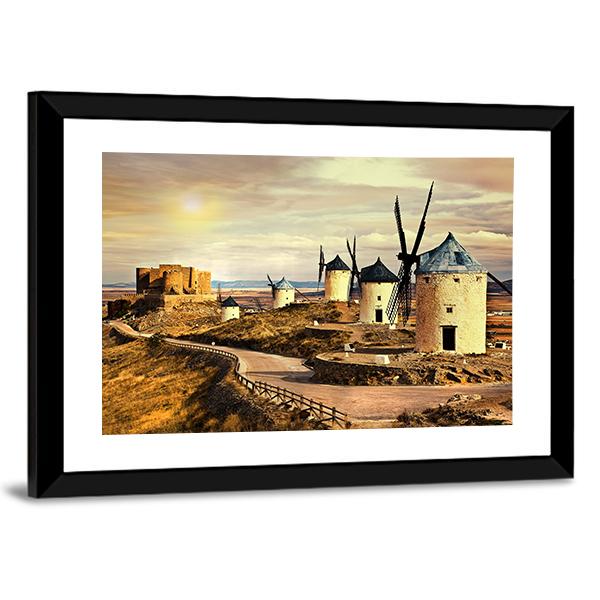 Windmills Of Spain On Sunset Canvas Wall Art-3 Horizontal-Gallery Wrap-25" x 16"-Tiaracle