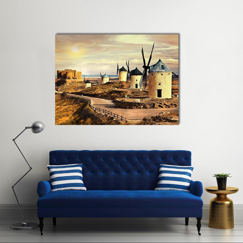 Windmills Of Spain On Sunset Canvas Wall Art-1 Piece-Gallery Wrap-48" x 32"-Tiaracle