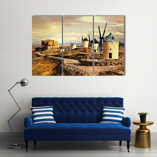 Windmills Of Spain On Sunset Canvas Wall Art-3 Horizontal-Gallery Wrap-37" x 24"-Tiaracle