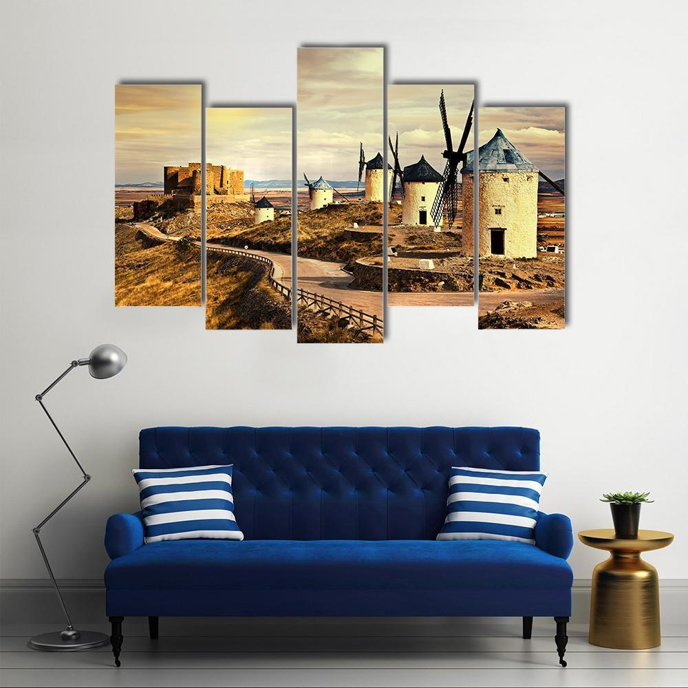 Windmills Of Spain On Sunset Canvas Wall Art-5 Pop-Gallery Wrap-47" x 32"-Tiaracle