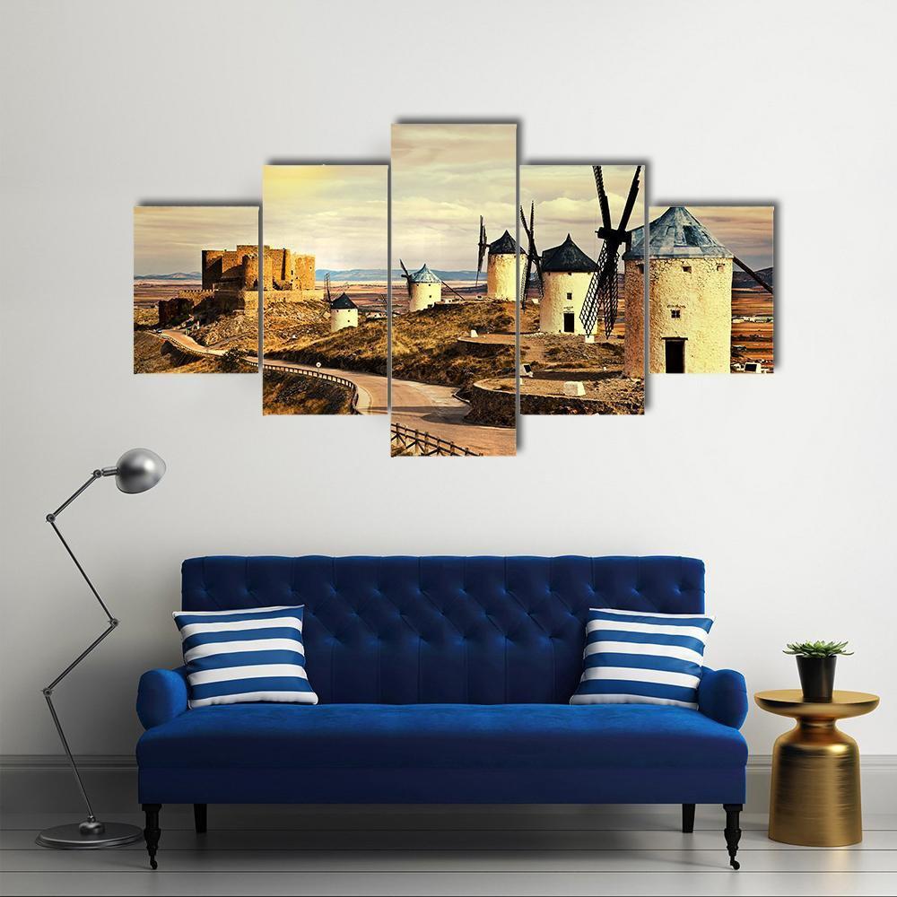 Windmills Of Spain On Sunset Canvas Wall Art-5 Star-Gallery Wrap-62" x 32"-Tiaracle