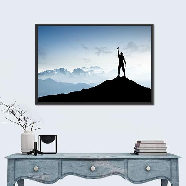 Winner Silhouette On The Mountain Top Canvas Wall Art-1 Piece-Floating Frame-24" x 16"-Tiaracle