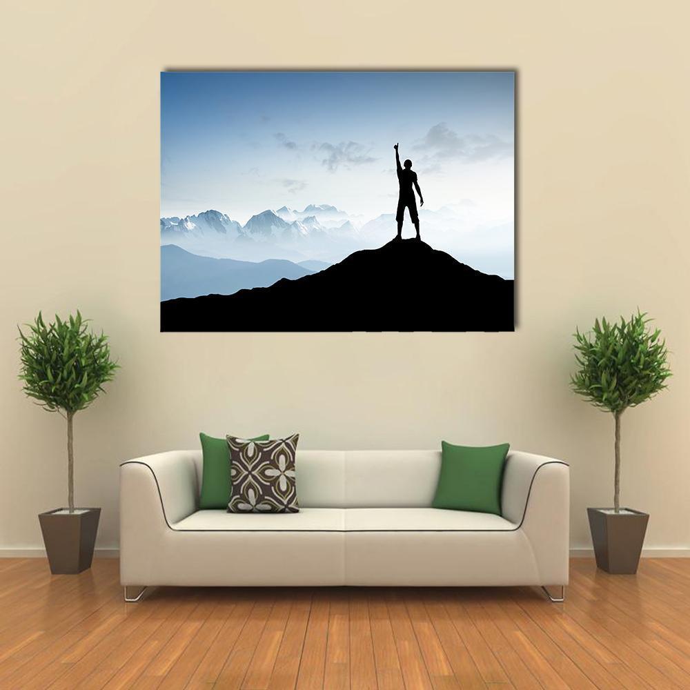 Winner Silhouette On The Mountain Top Canvas Wall Art-1 Piece-Gallery Wrap-48" x 32"-Tiaracle