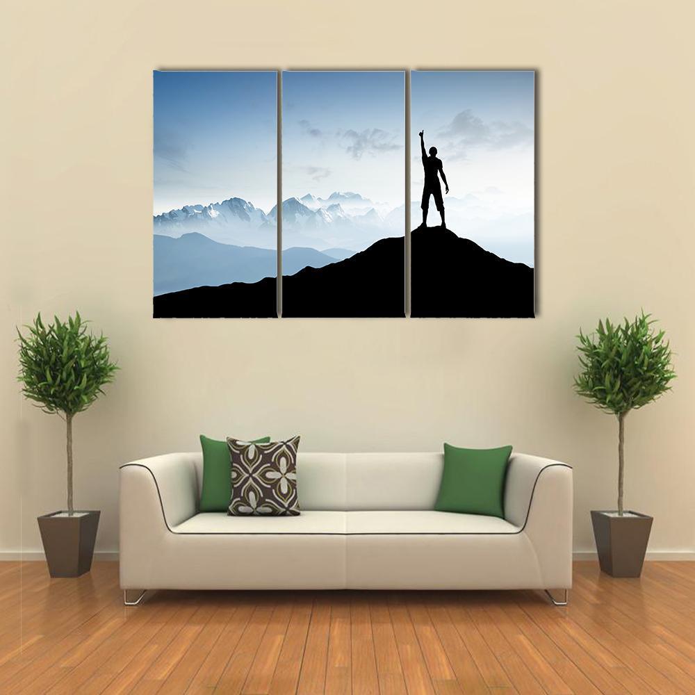 Winner Silhouette On The Mountain Top Canvas Wall Art-3 Horizontal-Gallery Wrap-37" x 24"-Tiaracle