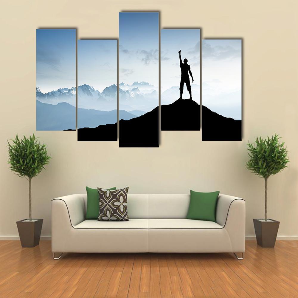 Winner Silhouette On The Mountain Top Canvas Wall Art-5 Pop-Gallery Wrap-47" x 32"-Tiaracle