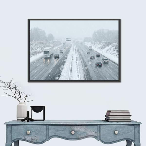 Winter Driving Commuter Traffic Canvas Wall Art-1 Piece-Floating Frame-24" x 16"-Tiaracle