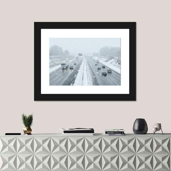 Winter Driving Commuter Traffic Canvas Wall Art-1 Piece-Framed Print-20" x 16"-Tiaracle