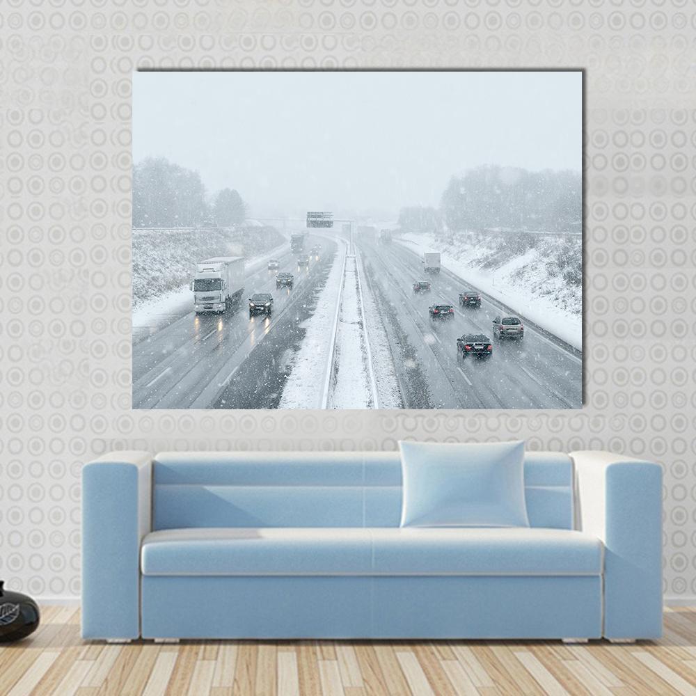 Winter Driving Commuter Traffic Canvas Wall Art-1 Piece-Gallery Wrap-48" x 32"-Tiaracle