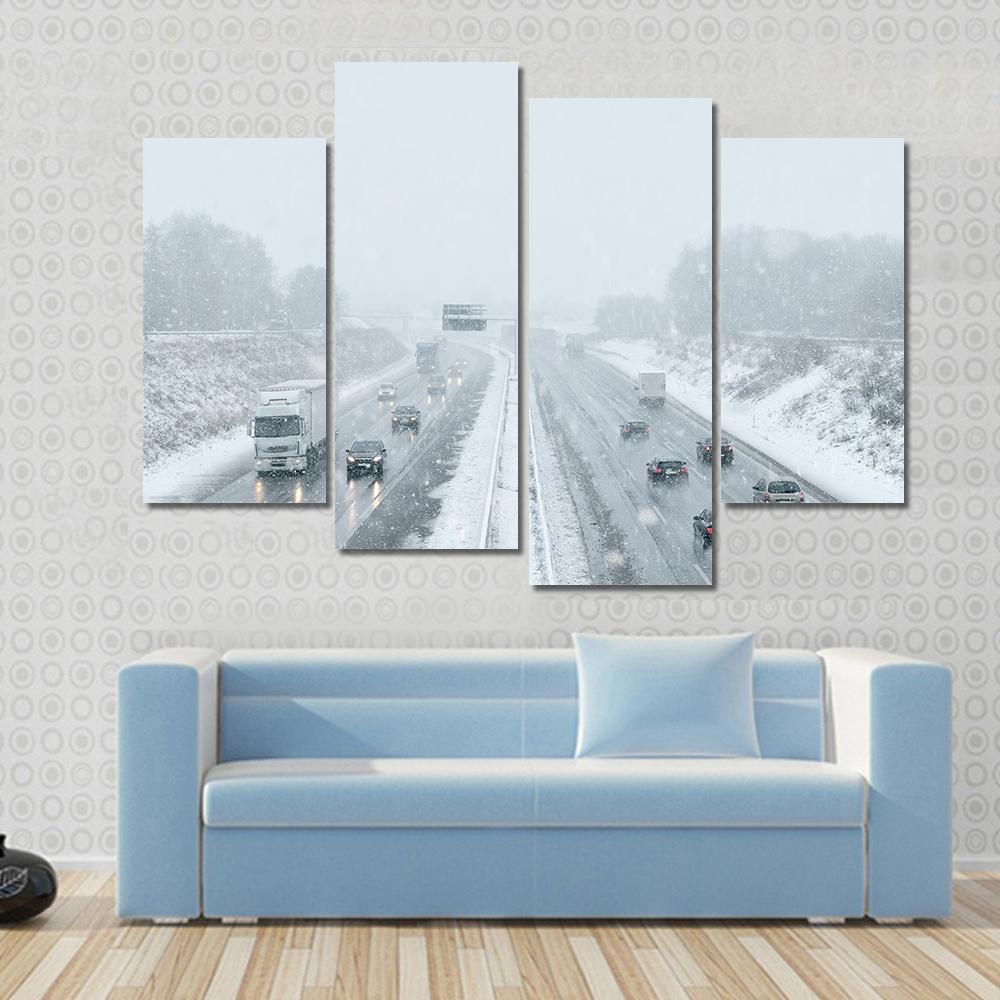 Winter Driving Commuter Traffic Canvas Wall Art-4 Pop-Gallery Wrap-50" x 32"-Tiaracle