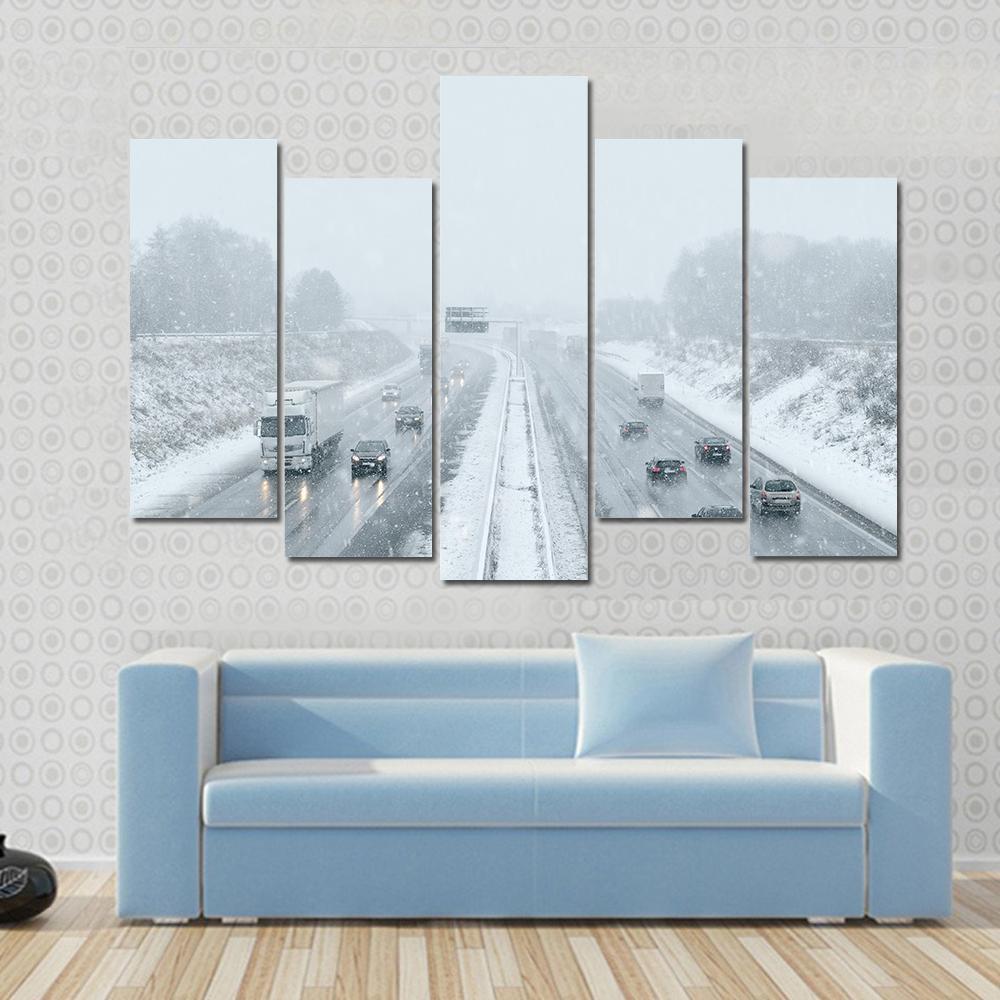 Winter Driving Commuter Traffic Canvas Wall Art-5 Pop-Gallery Wrap-47" x 32"-Tiaracle