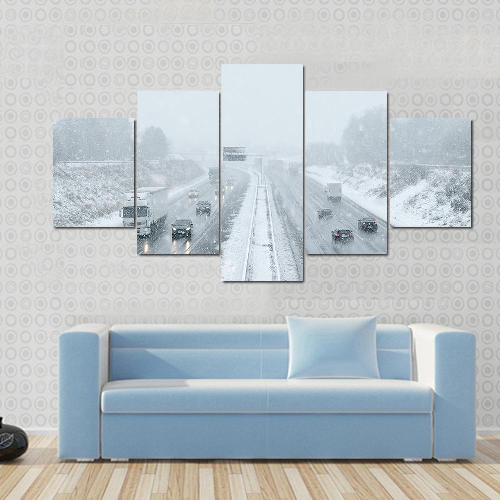 Winter Driving Commuter Traffic Canvas Wall Art-5 Star-Gallery Wrap-62" x 32"-Tiaracle