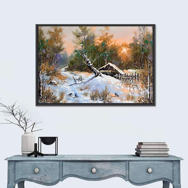 Winter Landscape At Sunset Canvas Wall Art-1 Piece-Floating Frame-24" x 16"-Tiaracle