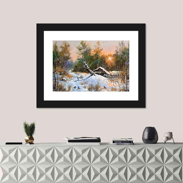 Winter Landscape At Sunset Canvas Wall Art-1 Piece-Framed Print-20" x 16"-Tiaracle