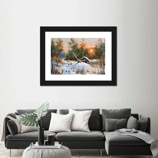 Winter Landscape At Sunset Canvas Wall Art-3 Horizontal-Gallery Wrap-25" x 16"-Tiaracle