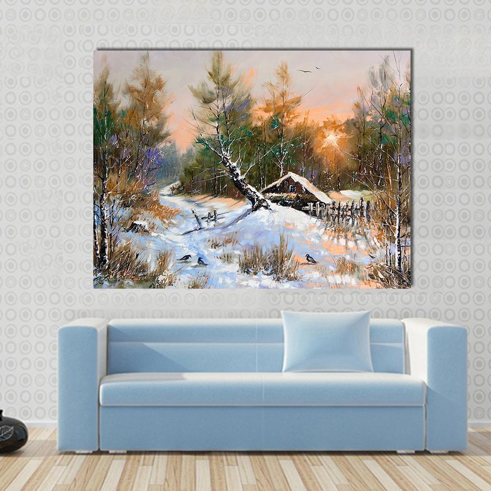 Winter Landscape At Sunset Canvas Wall Art-1 Piece-Gallery Wrap-48" x 32"-Tiaracle