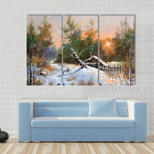 Winter Landscape At Sunset Canvas Wall Art-3 Horizontal-Gallery Wrap-37" x 24"-Tiaracle