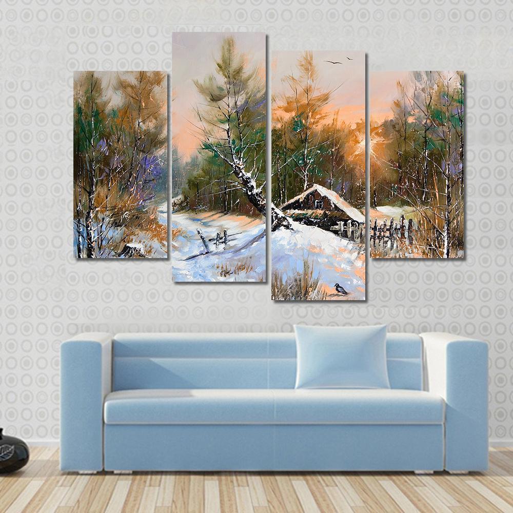 Winter Landscape At Sunset Canvas Wall Art-4 Pop-Gallery Wrap-50" x 32"-Tiaracle