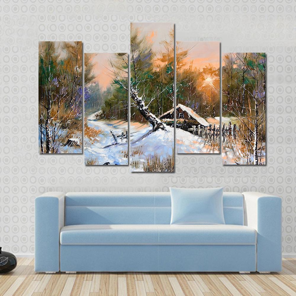 Winter Landscape At Sunset Canvas Wall Art-5 Pop-Gallery Wrap-47" x 32"-Tiaracle