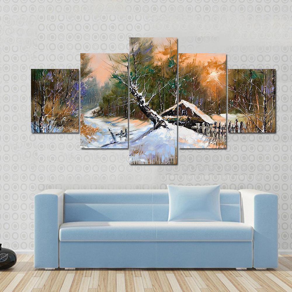 Winter Landscape At Sunset Canvas Wall Art-5 Star-Gallery Wrap-62" x 32"-Tiaracle